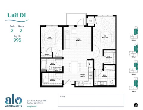 Floor plan for 2 beds, 2 baths, 996 sqft